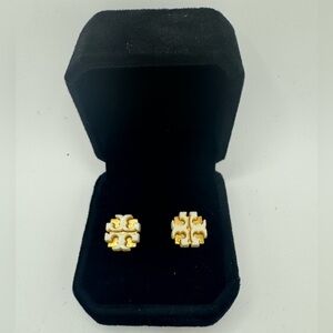 Tory Burch Logo Cream & Gold Stud Earrings